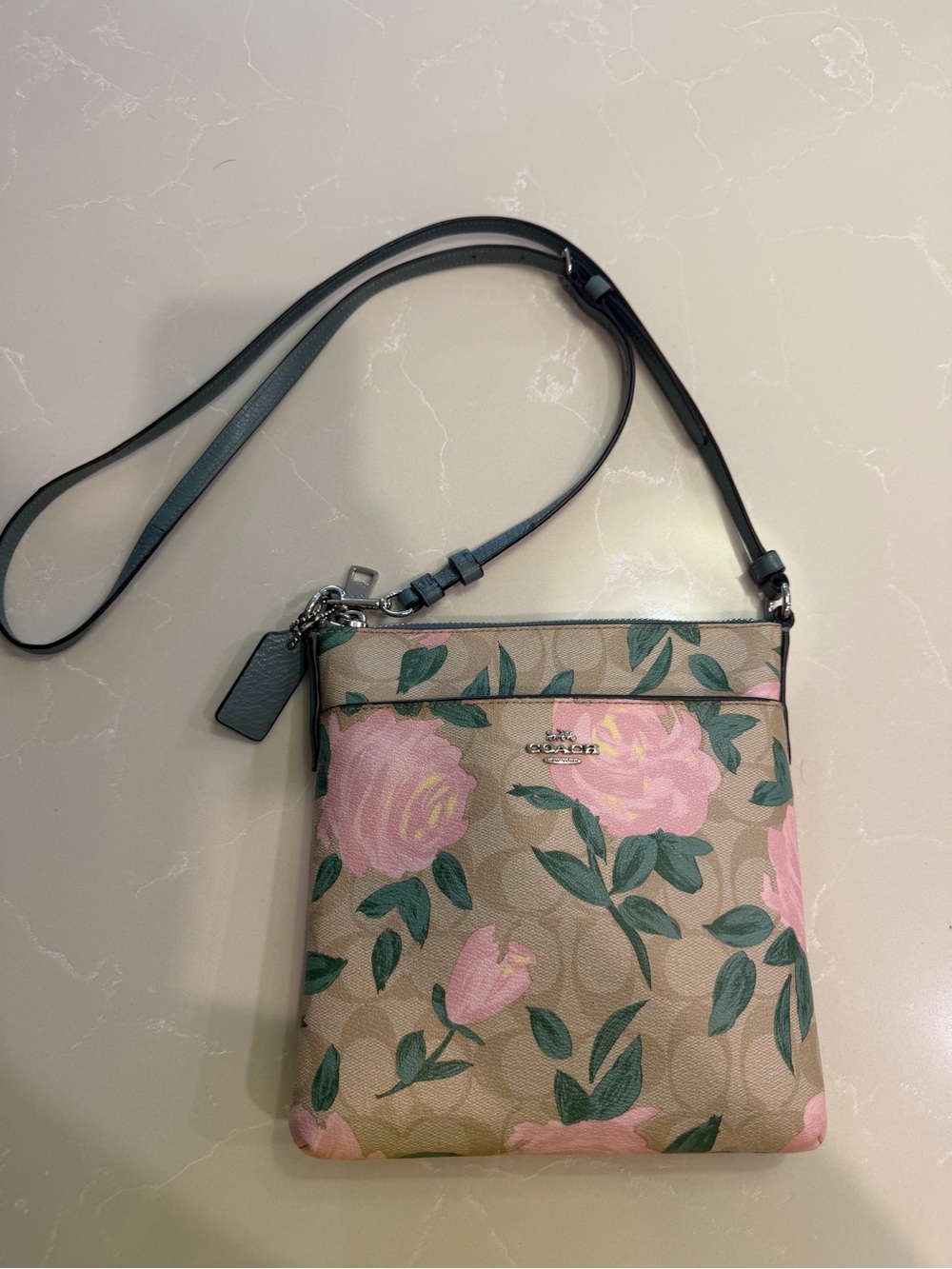 Coach Rose Floral Print Crossbody Bag in Tan and Pink - Picture 3 of 12